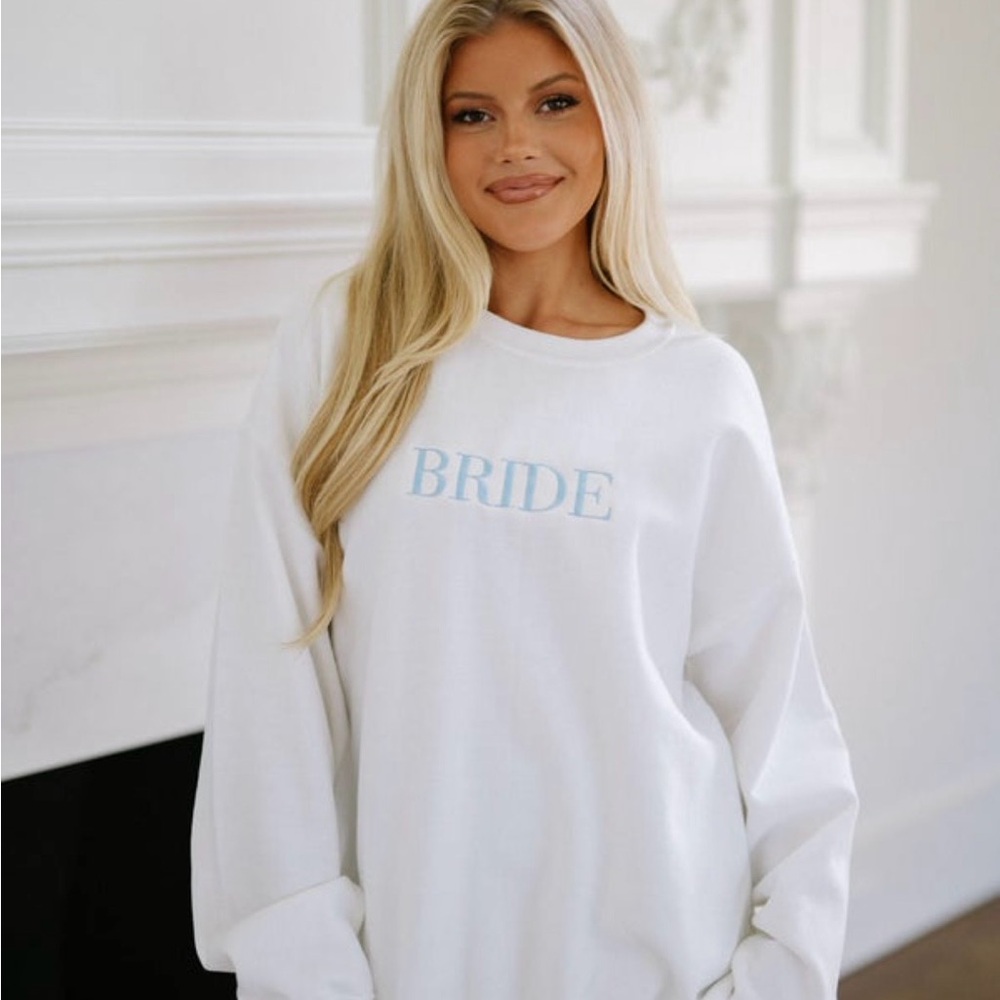 White 'BRIDE' Pullover Sweatshirt with Light Blue Print XL